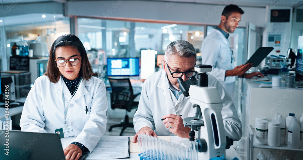 Poster laptop, microscope and science with people in laboratory together for breakthrough or development. c