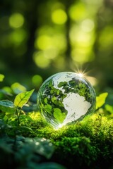 Glass globe reflecting the Earth in a lush green forest, symbolizing Earth Day, environmental conservation, sustainability, eco-friendly living, nature awareness.