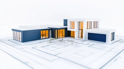 Modern House Architectural Model on Blueprint