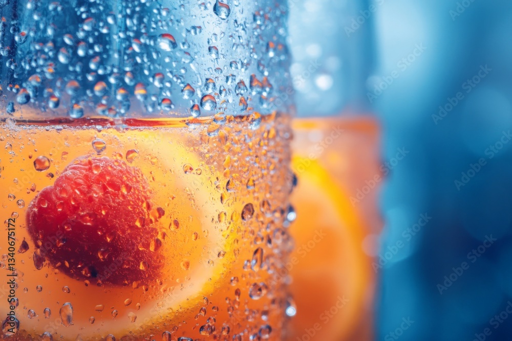 Poster refreshing beverage with raspberries and citrus slices in a glass filled with bubbles