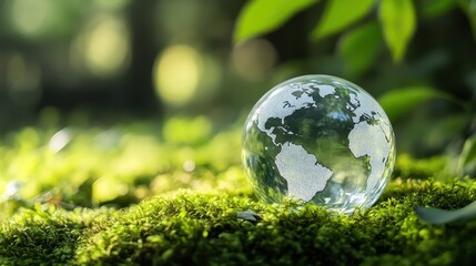 Globe made of glass on green moss, symbolizing Earth Day, environmental awareness, conservation, nature protection, eco-friendly living, and sustainability.