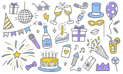 Colorful doodles of festive elements: cake, gifts, glasses, champagne, balloons, fireworks, masks, music, and decorations. Vector illustrations on a white background.