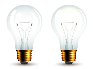 Set of two realistic light bulbs with gold base, one light bulb on and one light bulb off
