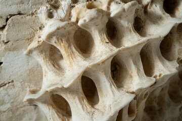 Close-up of a unique fossilized structure against a textured wall in natural light highlighting details and textures