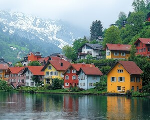Obraz premium Picturesque Lakeside Village Nestled in the Swiss Alps