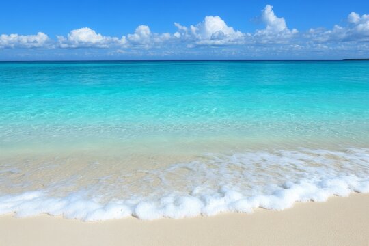 Crystal clear turquoise water gently laps against a sandy beach under a bright blue sky with fluffy white clouds