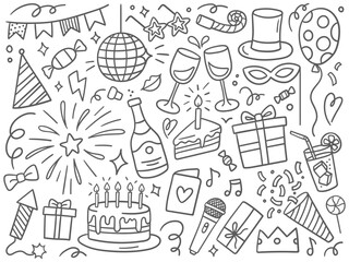 Black and white doodle illustration with festive elements. Vector illustrations on a white background. Perfect for parties, celebrations, and special events design.
