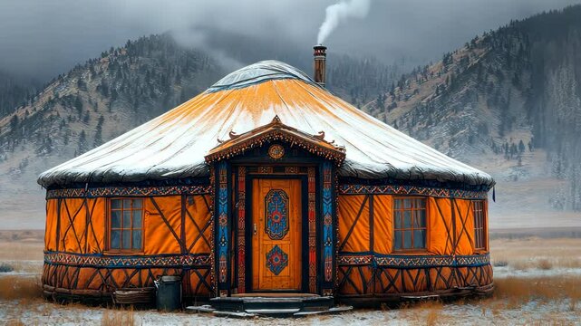 Snow-Covered Mongolian Yurt in Mountainous Landscape