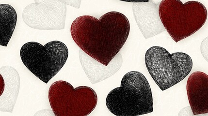 Seamless pattern of multiple red and black hearts on a white background. the hearts are arranged in a repeating pattern, with each heart having a unique design.