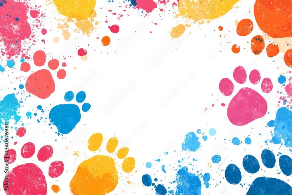 Poster colorful splashes of pet paw prints create a vibrant border for various creative projects