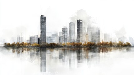 Modern city skyline reflected in calm water with autumn trees