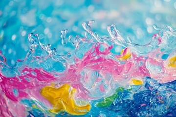 Colorful water splash creates vibrant patterns in blue and pink hues with floating objects