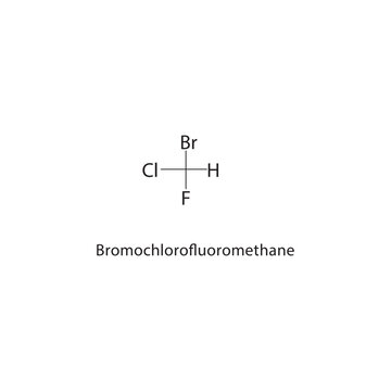Bromochlorofluoromethane skeletal structure. Brominated Halomethane compound schematic illustration. Simple diagram, chemical formula.