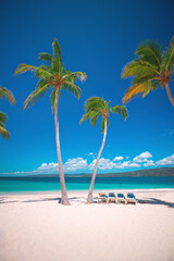 Exotic tropical beach and Palm trees on Bacardi Island Cayo Levantado Samana Bay, Dominican Republic, Caribbean Sea