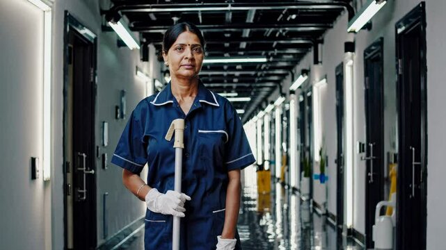 Indian woman stands confidently in a well-lit corridor, wearing a blue uniform and gloves, holding a mop, ready for cleaning. Janitor worker, custodian service