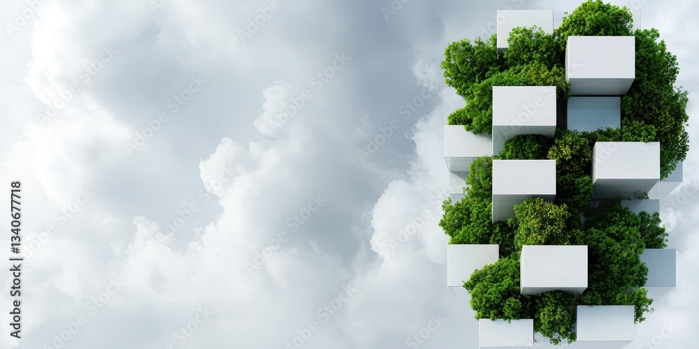 Poster A futuristic structure entwined with greenery against a cloudy sky, symbolizing the integration of nature and modern design.