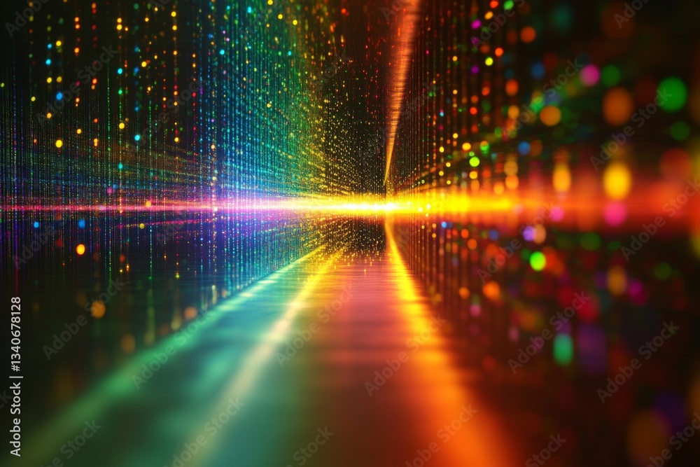 Poster Vivid light display creating a colorful reflection in a dark space with streaming particles animated by vibrant hues