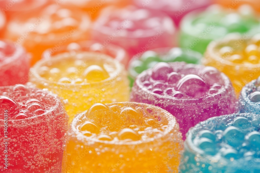 Poster colorful candy gummies with bubbles in various vibrant shades on display in close-up view