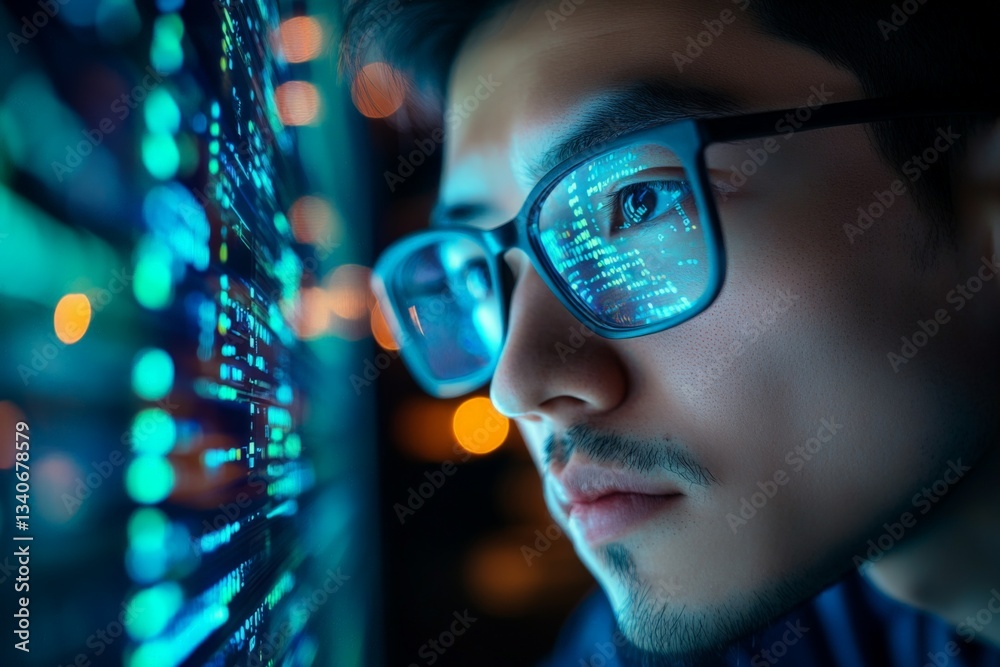 Leinwandbilder young man analyzes data on a screen with glowing code reflections near a server rack in a dark room
