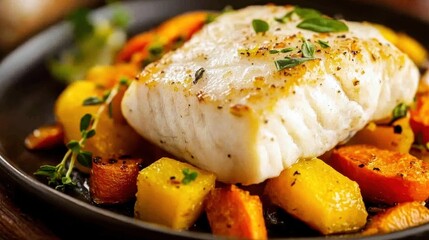 Grilled healthy white fish fillet served with roasted seasonal vegetables, nutritious meal, clean eating, summer dining, food photography, fresh ingredients, wellness.