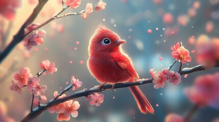 A vibrant red bird perched on a blooming branch, surrounded by soft light and petals.