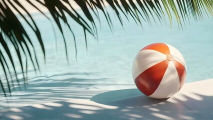 A colorful beach ball rests beside a clear swimming pool, with palm leaves casting shadows on the water. Concept Vibrant Summer Vibes, Beach Ball Aesthetics, Poolside Relaxation, Tropical Shadows