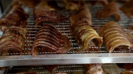Industrial food processing showcasing dehydration of meat cuts and bones on metal trays, preparing pet food treats in commercial drying facility