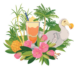 Vector sticker with refreshing cocktail, pineapple and flowers, Dodo bird. Tropical paradise. Ice cream illustration for beach bar menu. Cruise vacation, summer holidays, party, cafe, vacation. © Tata Pilip