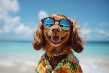 Dog wearing sunglasses and Hawaiian shirt enjoys a sunny beach day with clear blue skies