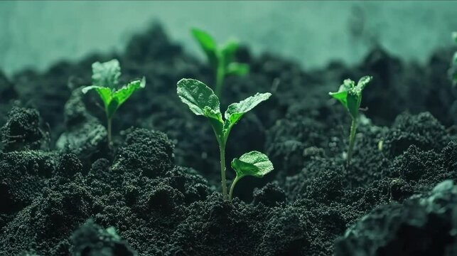Fresh green sprouts emerging from dark, rich soil in a nurturing environment.
