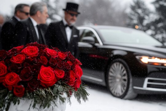 A mafia funeral procession with a black limousine, somber family members in black suits, and roses on a casket