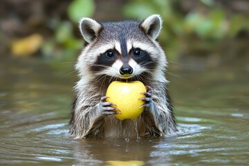 Obraz premium Raccoon holding a yellow apple in calm water surrounded by greenery during daytime