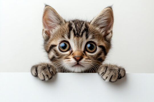 Curious kitten peeking over a white surface with big blue eyes in a softly lit indoor setting