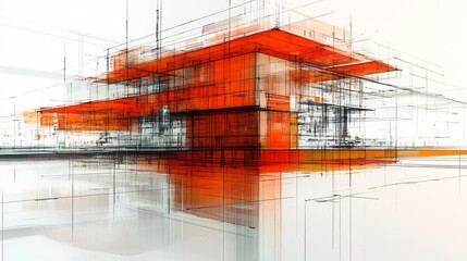 Architectural rendering shows abstract building design in orange and gray