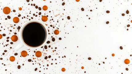 Obraz premium Aromatic Coffee Break: Coffee Cup Surrounded by Beans and Chocolate Spheres