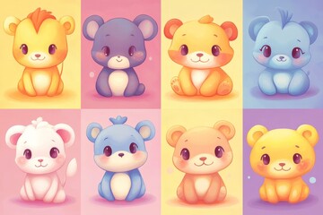 Cute and colorful cartoon animals in pastel colors for children's decor and art
