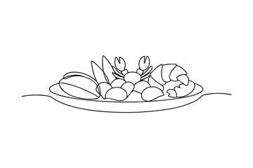 Delicious Seafood Platter Crab, Shrimp, Clams, Line Art
