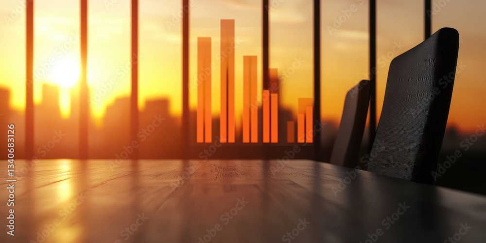 Poster a serene sunset view through a window, highlighting a table and chairs, with abstract bars rising in