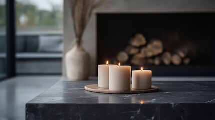 Three white candles on a wooden tray on a black marble countertop in front of a fireplace. the candles are lit, creating a warm and cozy atmosphere.