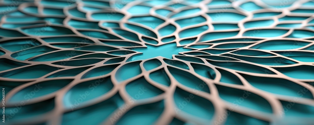 Poster a close-up of an intricate, layered design featuring teal and bronze colors, resembling petals in a 