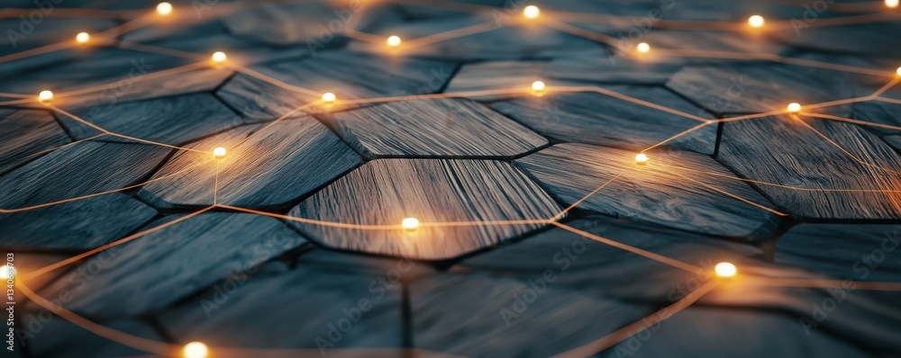 Aufkleber A visually striking hexagonal wooden floor illuminated by soft glowing lights, creating a warm and inviting atmosphere.
