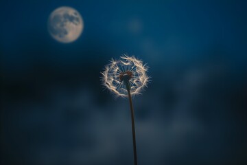 Obraz premium A lone dandelion seedhead glows softly against a dark, blurred background under a bright full moon, evoking a serene and dreamy atmosphere