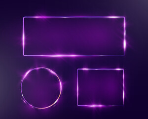 Neon banner vector collection featuring glowing purple neon shapes including hexagon, rectangle, triangle, circle, on dark transparent background.
