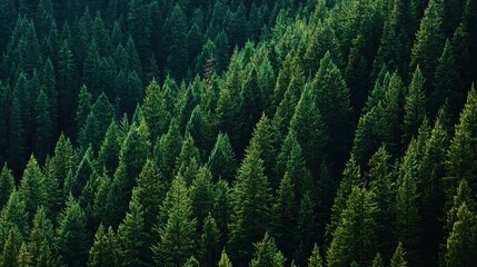 Fototapeta premium Lush evergreen forest aerial view, vibrant trees, peaceful nature landscape, perfect for Earth Day, eco-friendly themes, outdoor adventures, sustainability concepts.