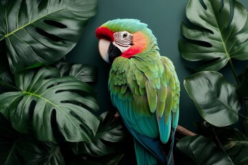 Obraz premium A parrot with vibrant green and blue feathers perched on a branch, surrounded by tropical leaves