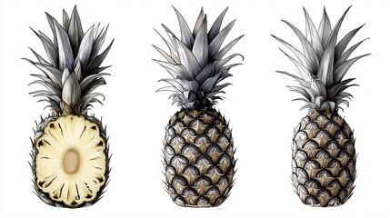 Obraz premium Three illustrations of a pineapple. the pineapple on the left is cut in half, revealing the yellow flesh inside. the middle pineapple is in the center, with its spiky leaves still attached.