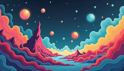 Vibrant cosmic landscape with flowing waves and planets, surreal vision
