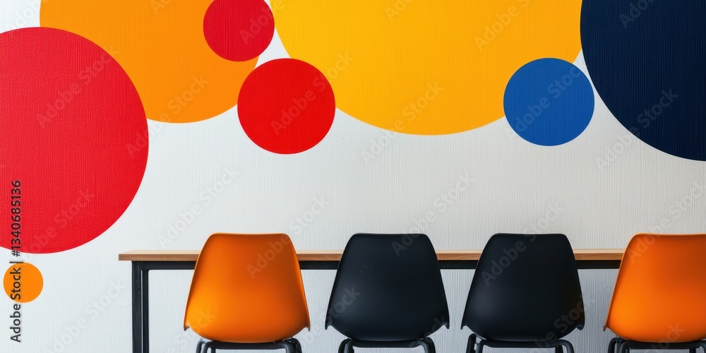 Poster A modern interior featuring colorful circles on a wall with a row of stylish chairs, creating an inviting and vibrant atmosphere.