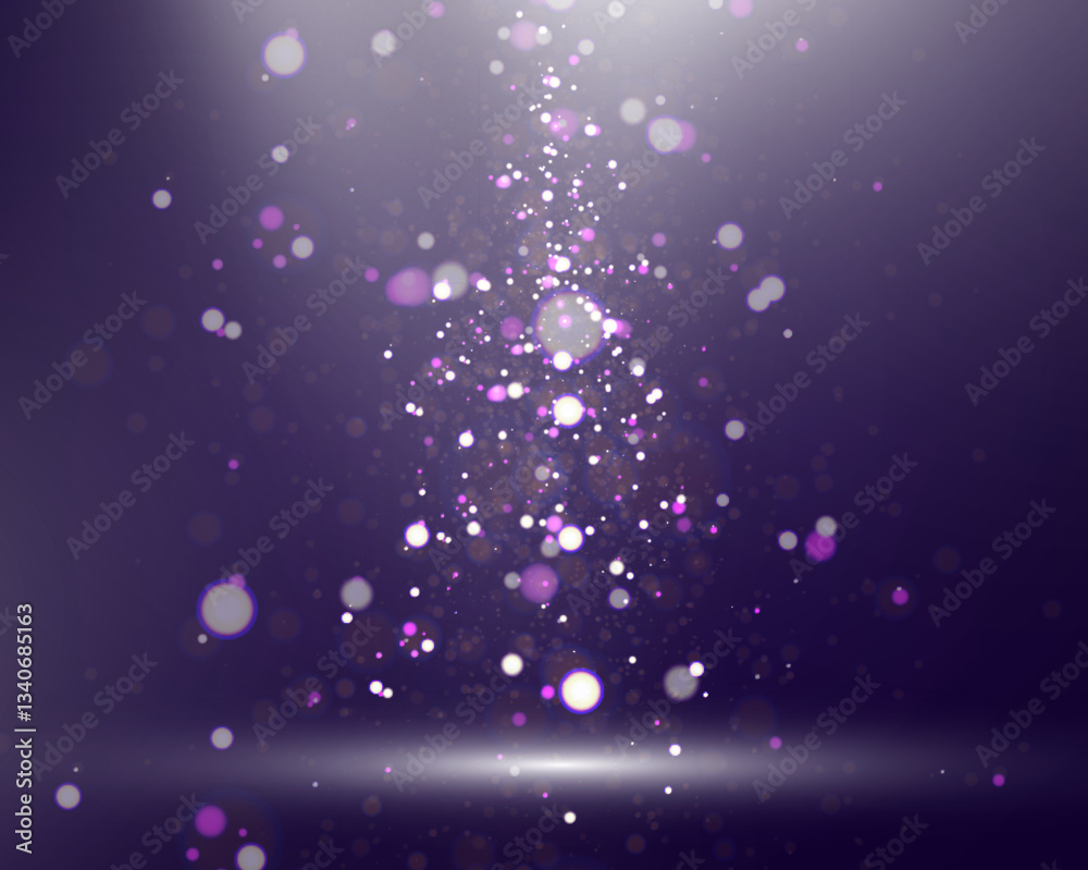 Poster abstract magical glowing bokeh lights on dark background with purple and gold sparkles, soft blurry 