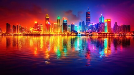 Fototapeta premium Vibrant Cityscape at Night: A Colorful Reflection